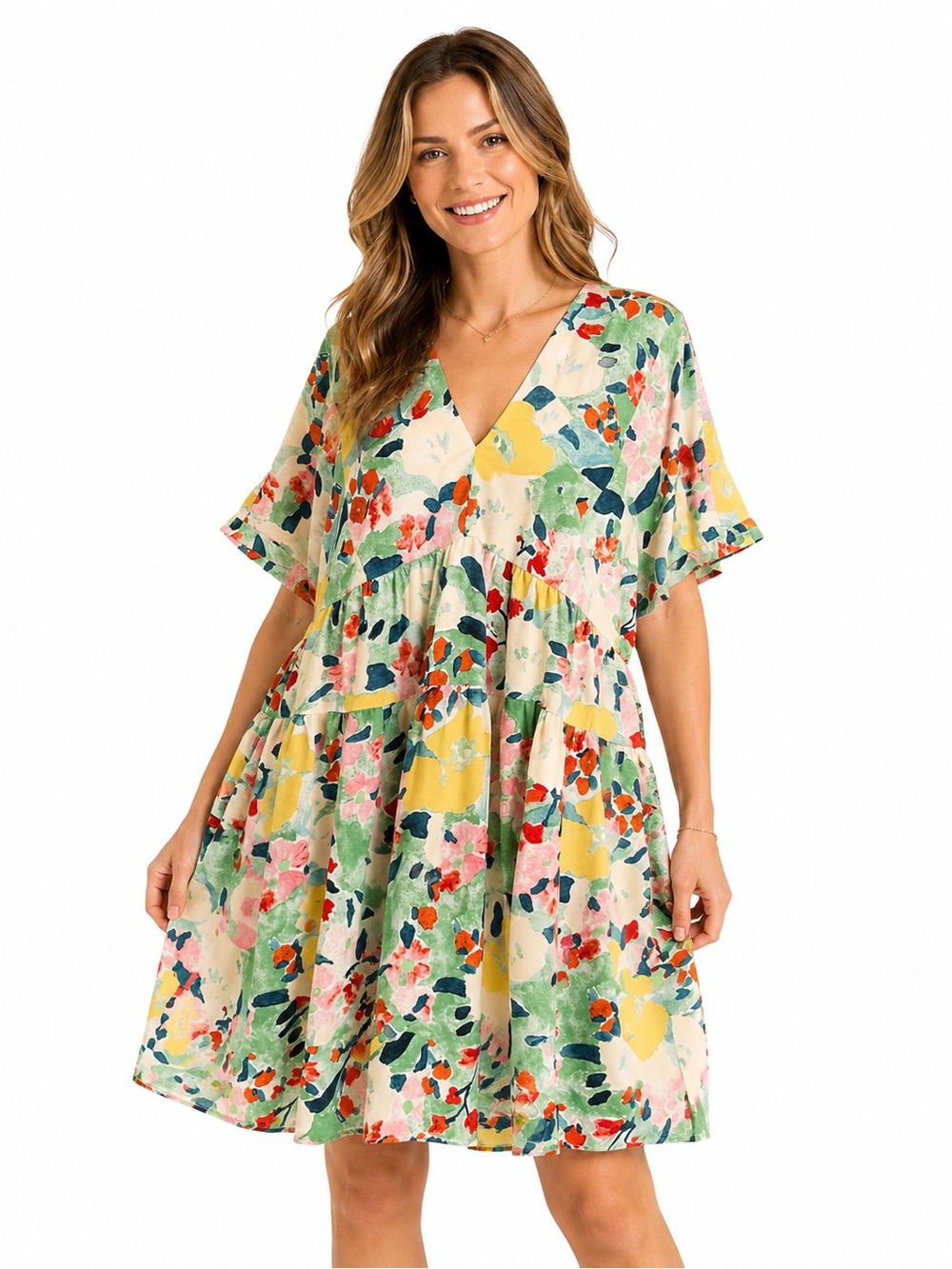 Entro Floral Tiered Babydoll Dress SZ L Watercolor Print V Neck Boho Cottagecore - Picture 1 of 10